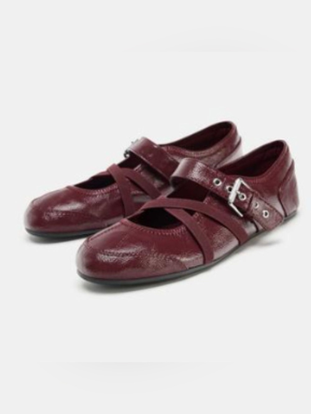 Zara Women's Patent Effect Ballet Flats With Buckles Burgundy Red NWT